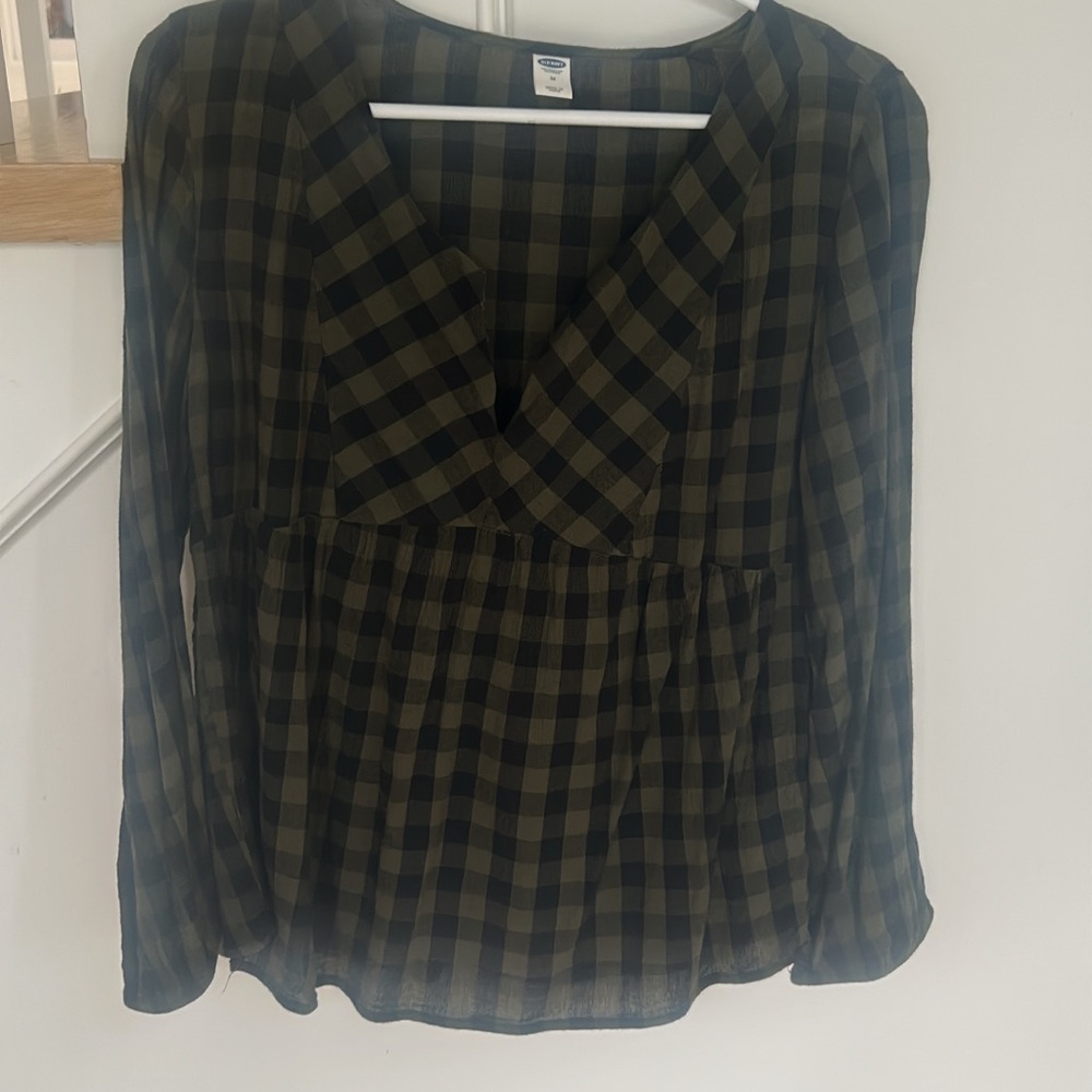 Old Navy Checkered V-Neck Blouse - Black and Green